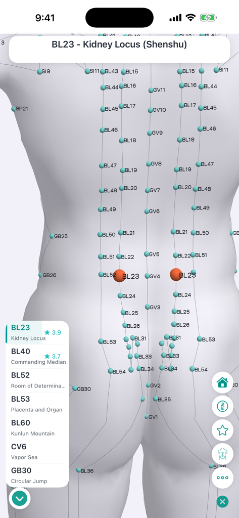 Massage Map 3D - 3D human anatomy model displaying acupressure points on the back with user ratings