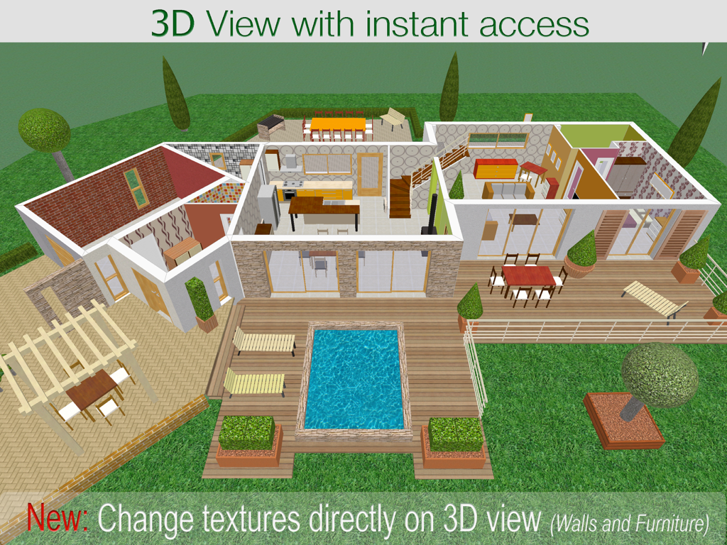 QuickPlan 3D - Floor plans - Top-down 3D view of a furnished house with a pool and deck in QuickPlan 3D.