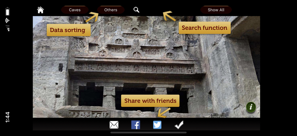 Screenshot of the Ellora Caves app interface showing search and social sharing features over an ancient stone carving