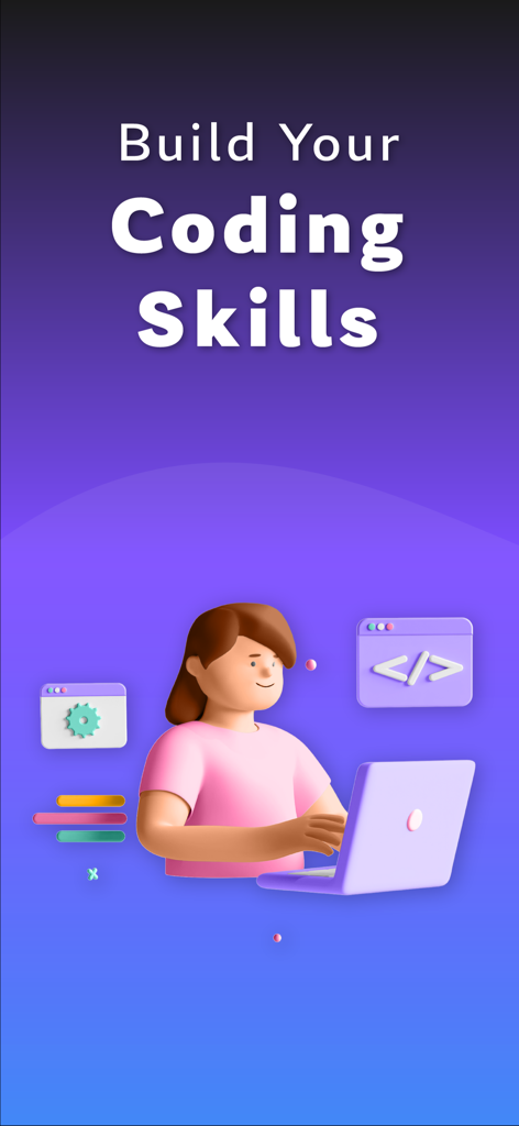 Coding X: Learn to Code - A 3D character using a laptop with icons for code and settings under the text Build Your Coding Skills