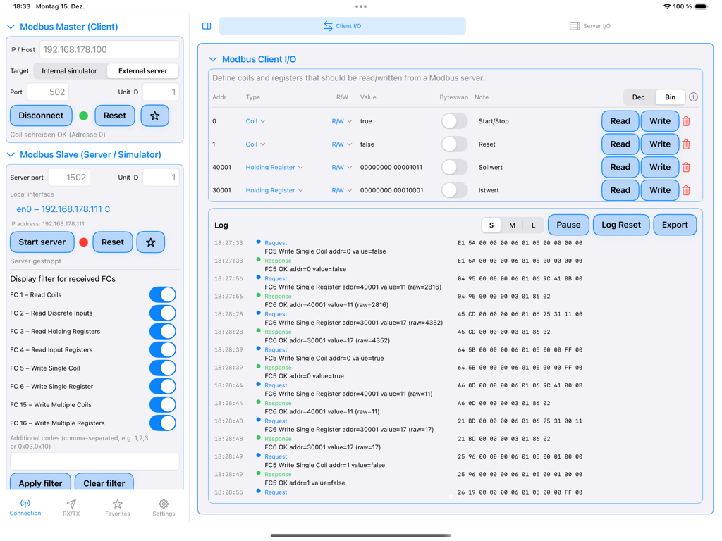 JCH Modbus Studio - JCH Modbus Studio iPad interface showing Modbus TCP client and server configuration and communication logs