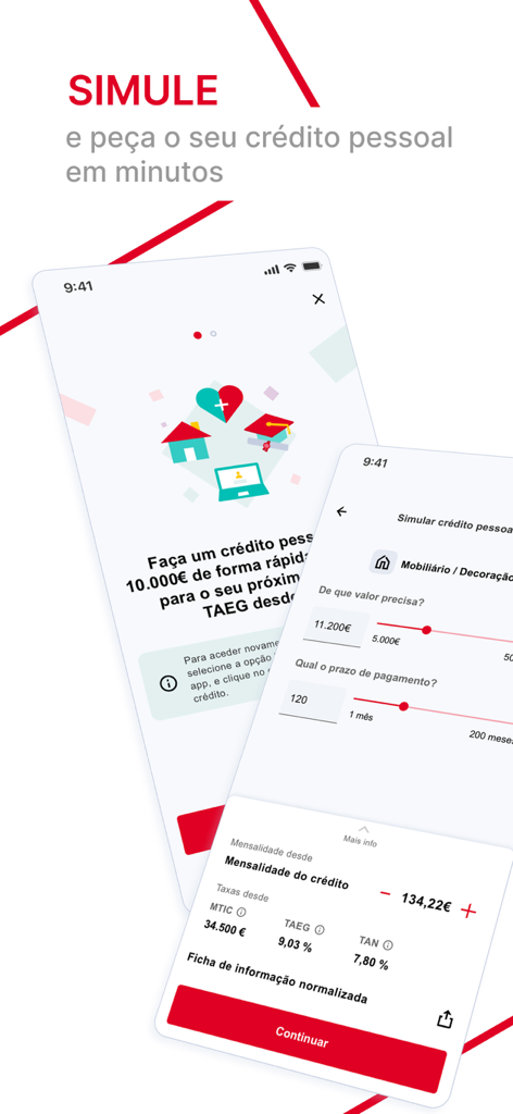 Interfaz de la aplicación móvil de Banco CTT para la simulación y solicitud de préstamos de crédito personal