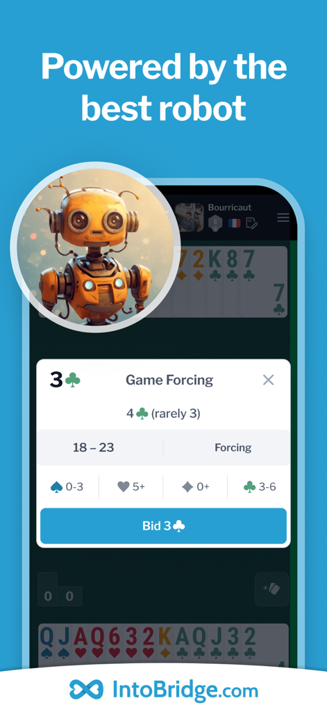 Captura de pantalla de la aplicación IntoBridge que muestra asistencia de pujas avanzada de robots de IA e interfaz del juego de cartas