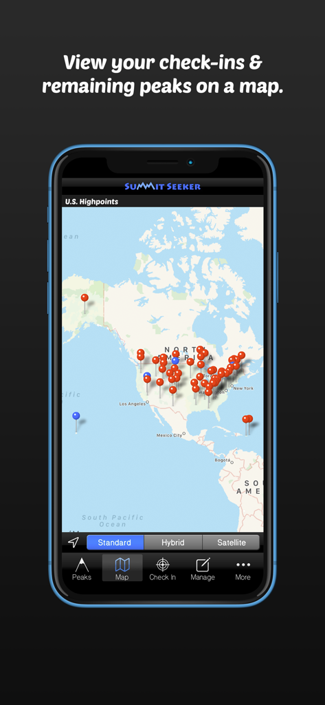 Summit Seeker - A map of North America within the Summit Seeker app showing red and blue pins for U.S. highpoints and user check-ins.