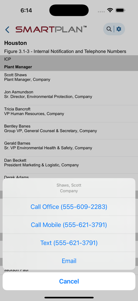 SMARTPLAN SMART App - Emergency contact list in the SMARTPLAN app showing options to call or text the Plant Manager