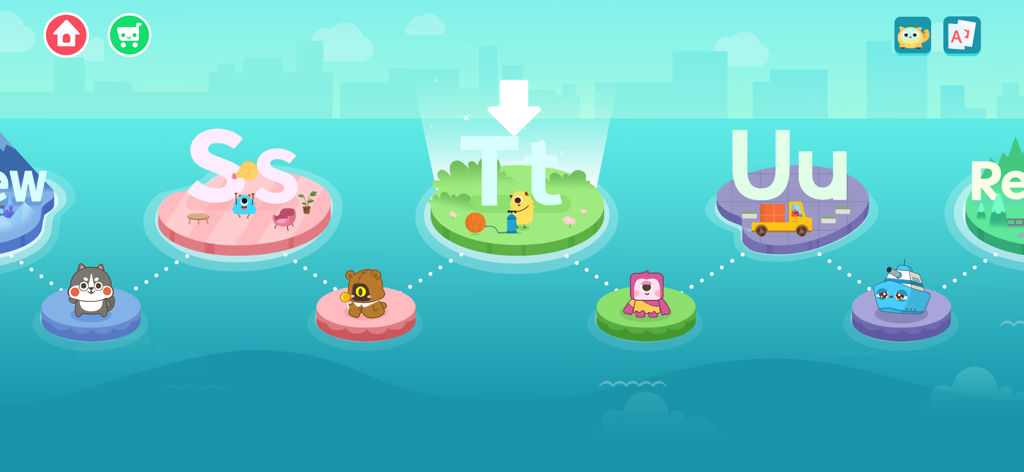 Karte eines Alphabet-Lernspiels mit den Buchstaben S, T und U auf bunten Inseln.