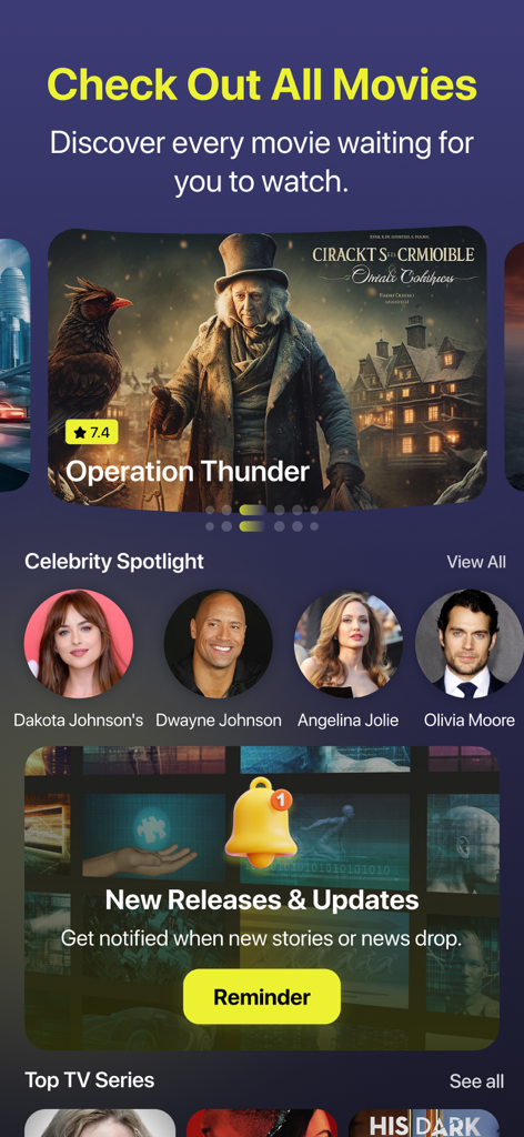 MovieBox : Movie & TV Show - Interfaccia dell'app MovieBox che mostra un carosello di scoperta film, profili di celebrità e notifiche di nuove uscite.