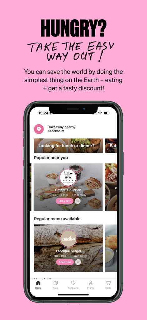 Karma - Save Food with a Tap - Karma app screenshot showing discounted takeaway food options from local bakeries to reduce food waste