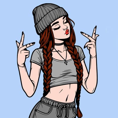 realistic teenage girl with braids and a beanie and crop top doing 🫶🏼
