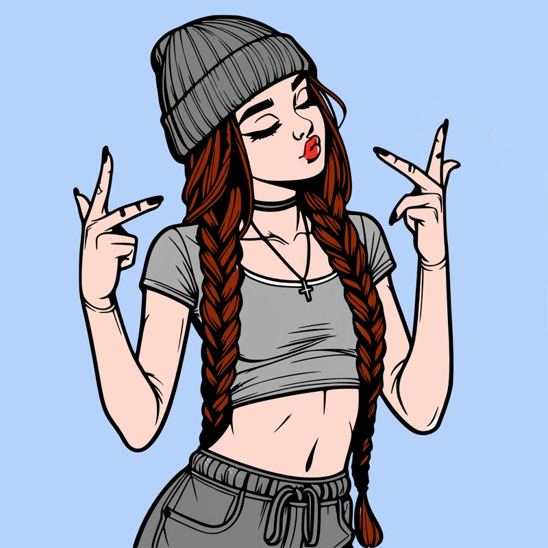 realistic teenage girl with braids and a beanie and crop top doing 🫶🏼