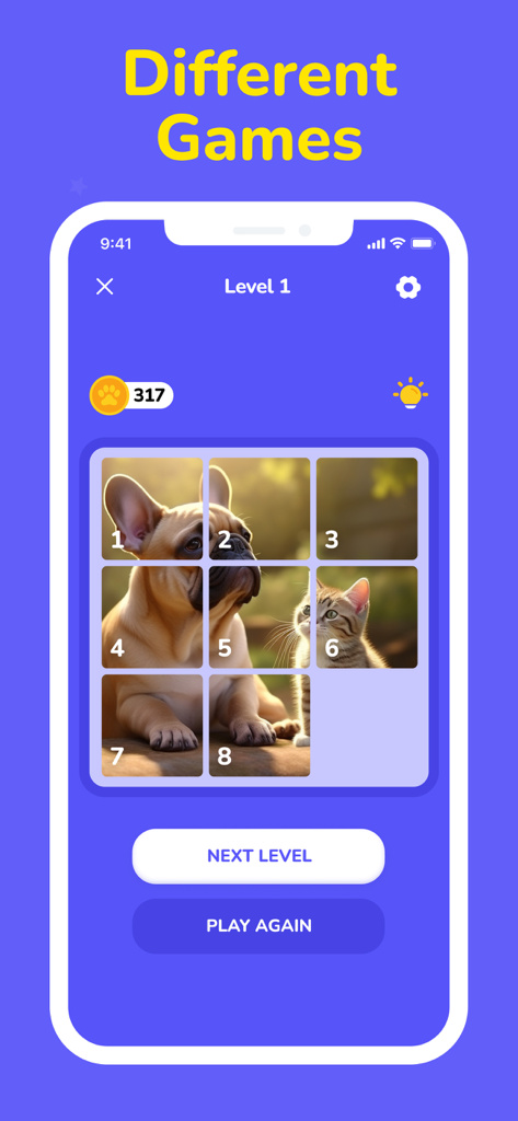 Dog Translator - Games for Dog - 犬と猫のスライドパズルゲームを表示するモバイルアプリ画面。