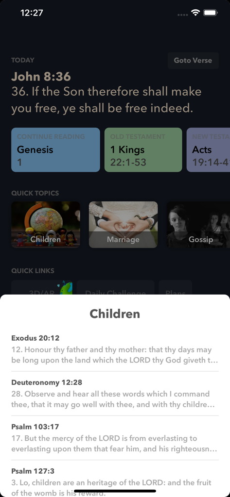 Interface of the Bible ProStudy app showing a selection of scripture verses about children within the Quick Topics menu.