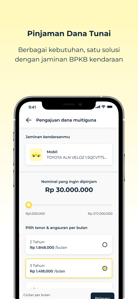 Adiraku app screen displaying a multipurpose loan application with vehicle collateral and installment options.