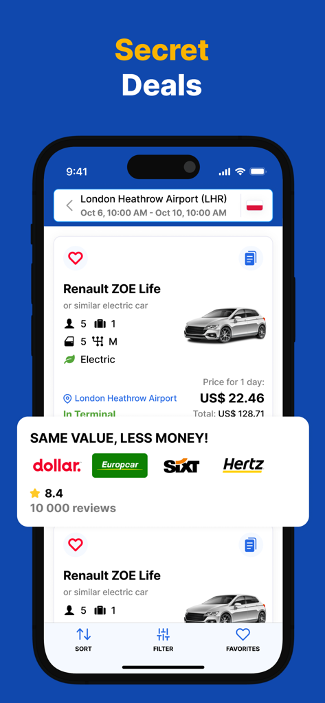 Aplicación EconomyBookings mostrando ofertas de alquiler de coches y comparación de precios para ahorros secretos