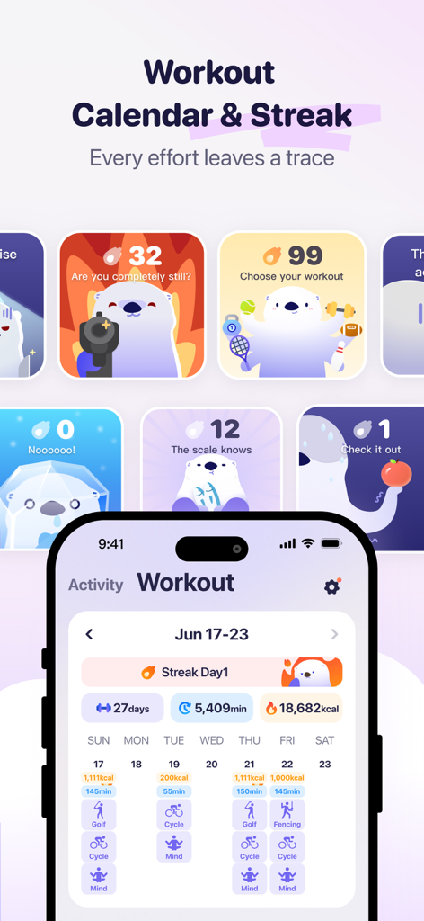 OtterLife-App-Trainingskalender, der wöchentliche Serien und gamifiziertes Übungstracking mit süßen Illustrationen zeigt