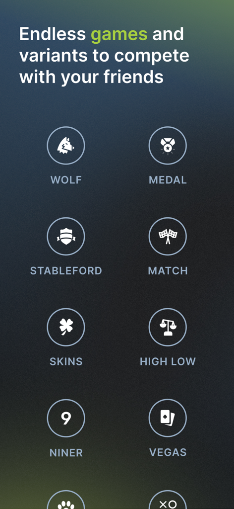 TheGrint: Golf GPS & Scorecard - TheGrint 앱 메뉴가 Wolf, Skins 및 Vegas를 포함한 경쟁 골프 게임 모드를 표시합니다.