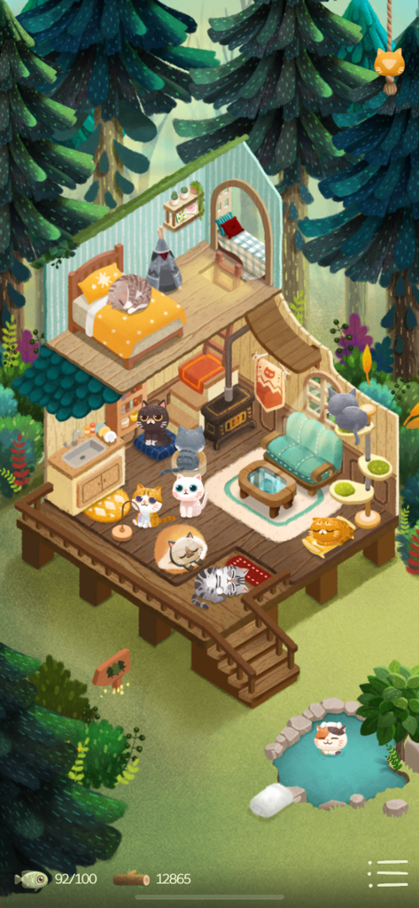 Secret Cat Forest - Una acogedora cabaña de madera de dos pisos en un bosque llena de varios gatos descansando en muebles hechos a mano y un pequeño estanque afuera.