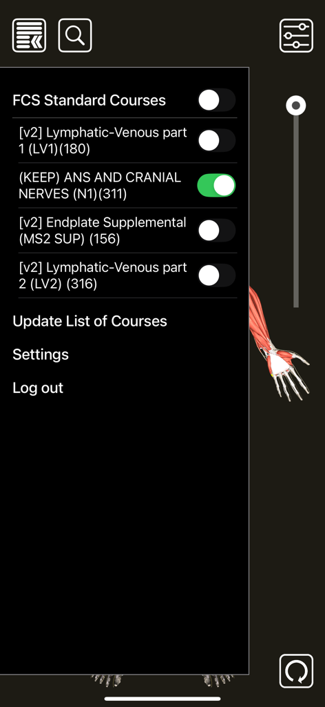 Course selection menu in the 3D Counterstrain app featuring medical modules and anatomical 3D modeling.