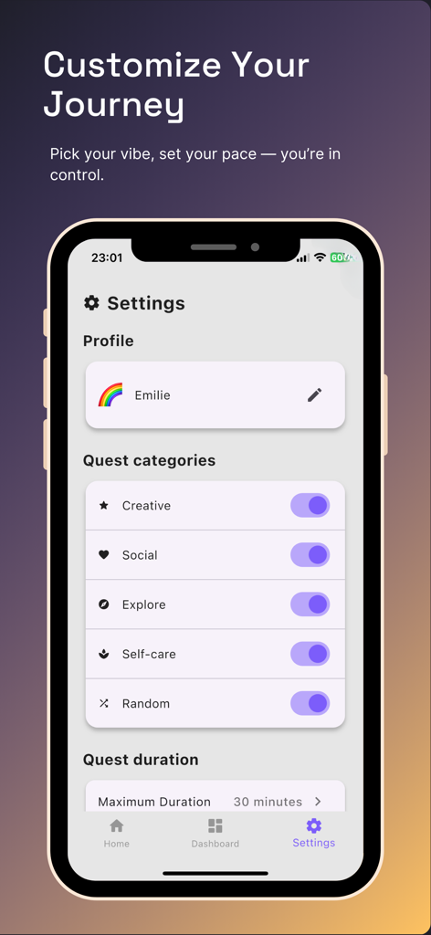 Sidequest Daily - Pantalla de configuración de la aplicación Sidequest Daily que muestra los interruptores de categoría de misión para Creatividad, Social, Explorar y Autocuidado