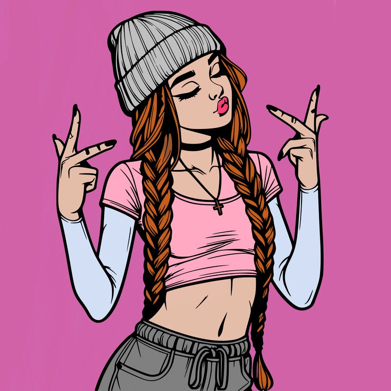 realistic teenage girl with braids and a beanie and crop top doing 🫶🏼