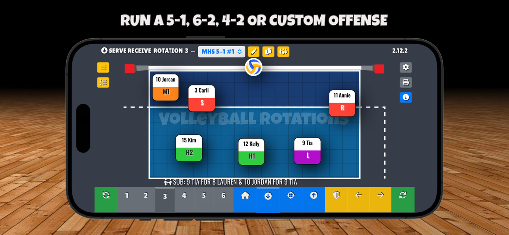 A smartphone screen showing a volleyball serve-receive rotation diagram with player positions on a court.