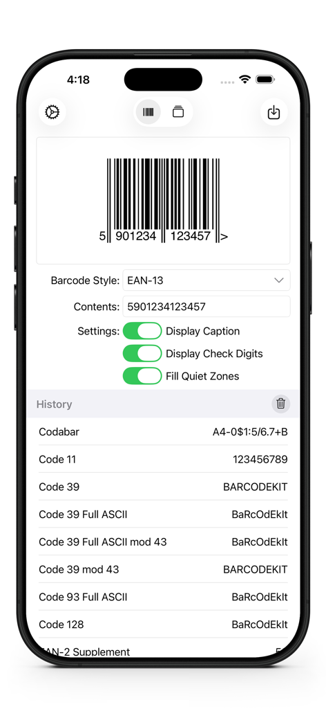 Interfaccia dell'app Generatore di codici a barre che mostra un codice a barre EAN-13 generato e le impostazioni di personalizzazione