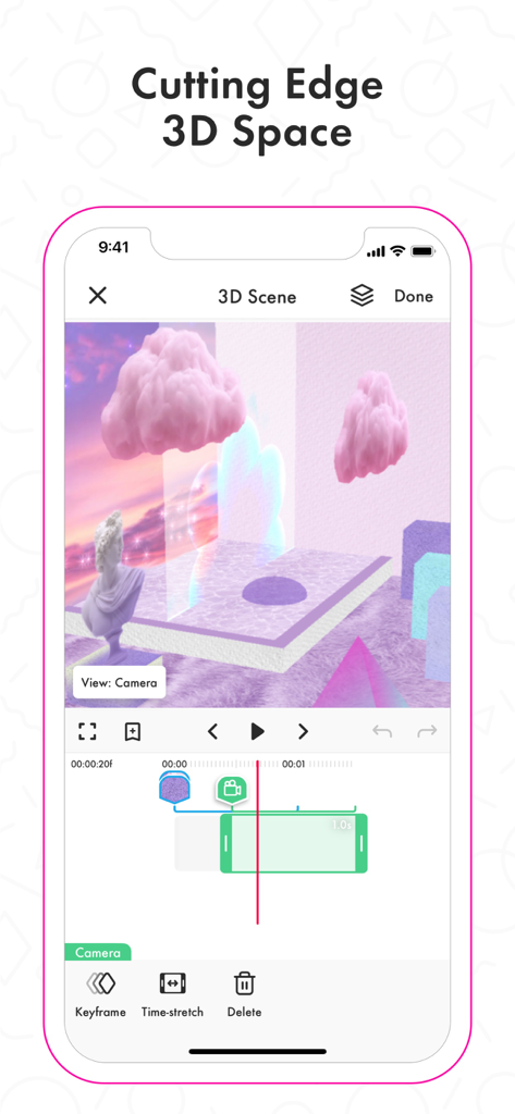 Funimate mobile video editor interface showing a 3D scene with aesthetic elements and keyframe tools.