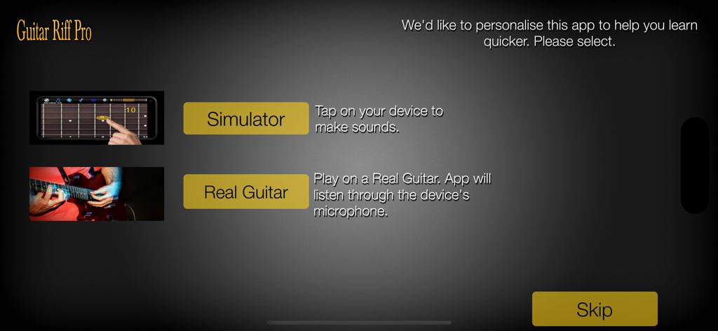 Guitar Riff - Play by Ear - Pantalla de selección de modo que ofrece opciones entre simulador digital y entrenamiento de guitarra real
