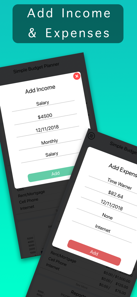 Simple Budget Planner Deluxe - App interface for manually adding income and expenses in Simple Budget Planner Deluxe