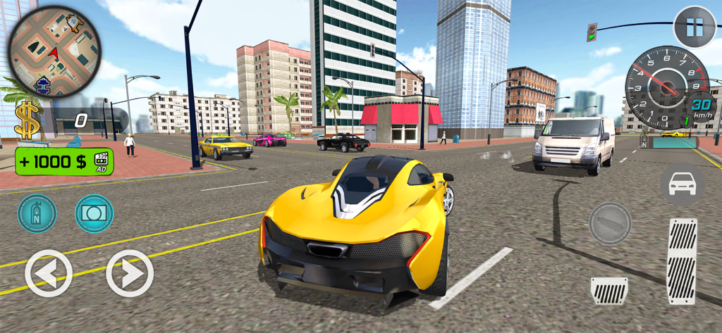 A yellow supercar driving through an open world city in Go To Town Car Street Racing
