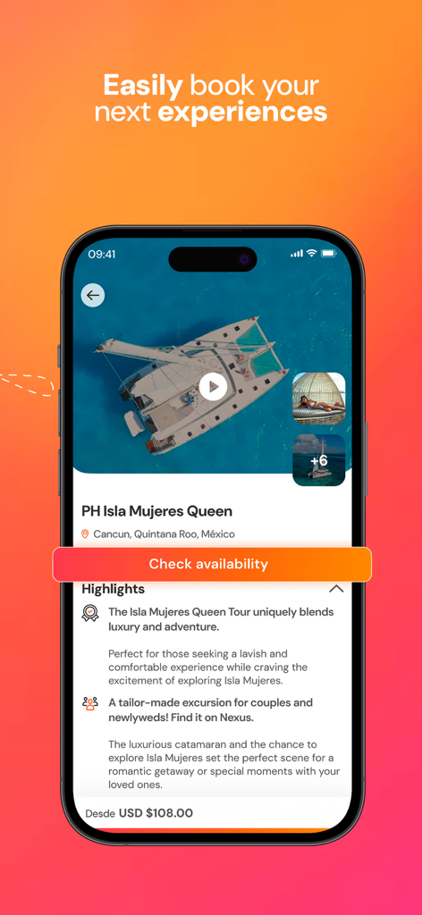 NexusTours app screen showing details for an Isla Mujeres boat excursion with a check availability button