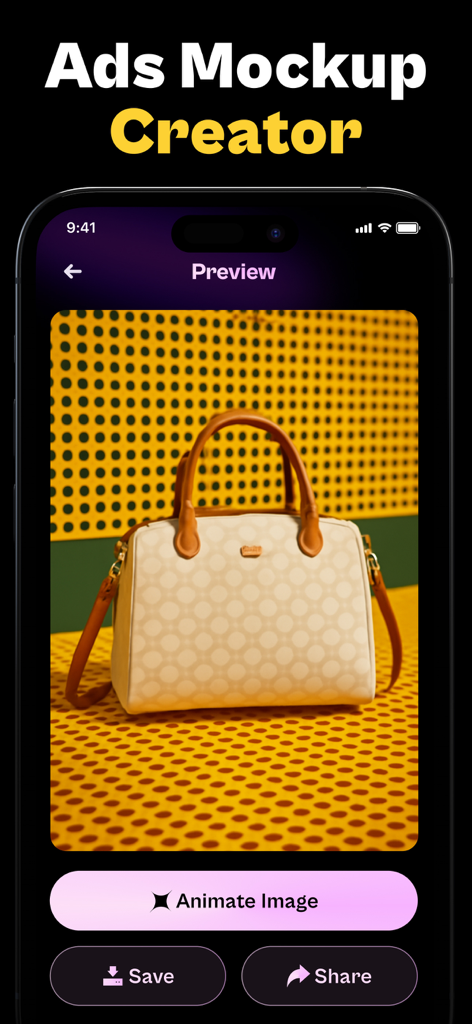 AI UGC Video Ads - Product Ads - Un écran de prévisualisation de l'application Publicités Vidéo UGC IA présentant une maquette de sac à main et un bouton d'image animé