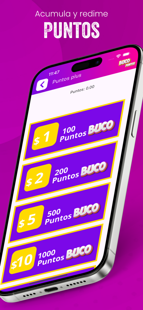 Pantalla de canje de puntos de lealtad en la app Buco Punto mostrando tasas de conversión para crédito de tienda.