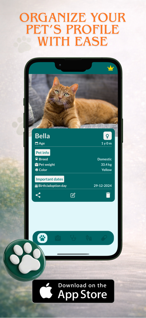 Vet Record - pet health track - Vet Record mobile app showing a pet health profile for a cat named Bella including age and weight
