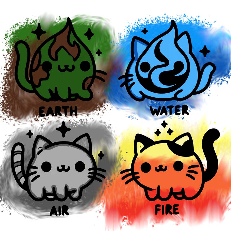4 cats that represent the different elements, earth, water, air, and fire