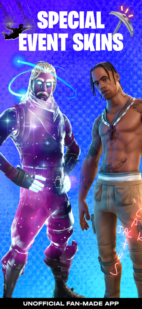 A selection of special event skins for Fortnite including galaxy and celebrity character designs.