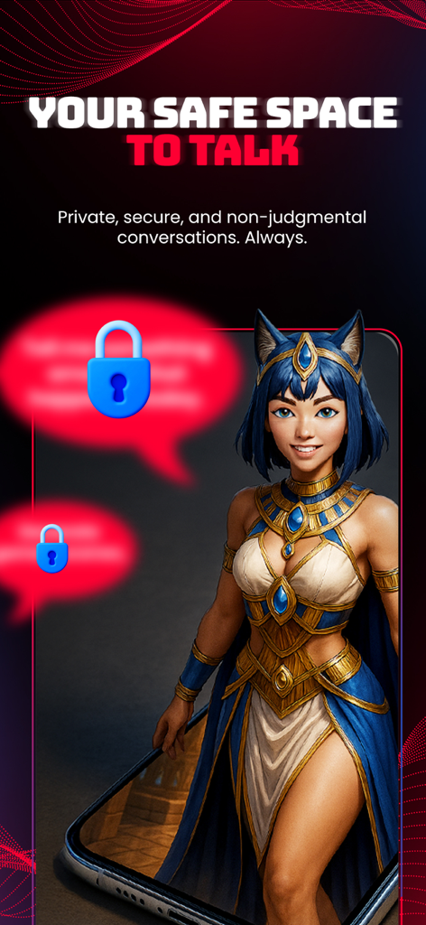 SimZ: Chat with AI Characters - Pantalla de la aplicación SimZ mostrando un personaje IA de fantasía y texto sobre conversaciones privadas y seguras.