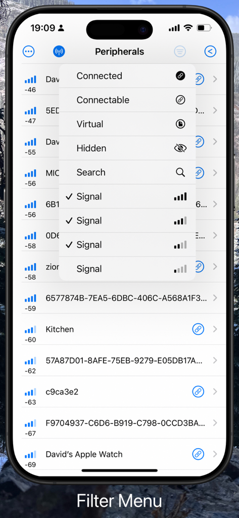 BluKit Workbench - Screenshot of the BluKit Workbench app showing the Bluetooth peripheral filter menu with options for connected, virtual, and signal strength.