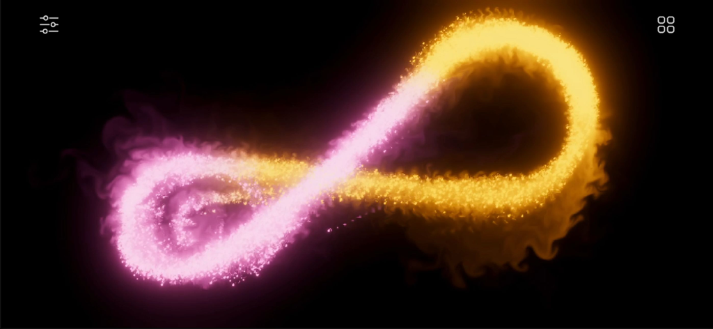 Go Particles: Anxiety Relief - Partículas brillantes rosadas y amarillas formando un símbolo de infinito sobre un fondo oscuro para el alivio de la ansiedad