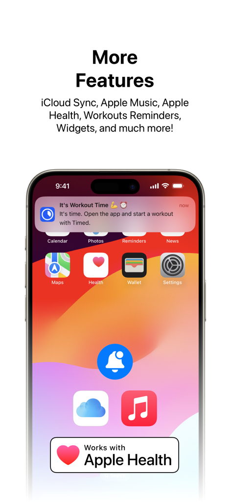 Timed: Workout Timer & Planner - Timed app screenshot highlighting iCloud sync, Apple Music, and Apple Health integrations.