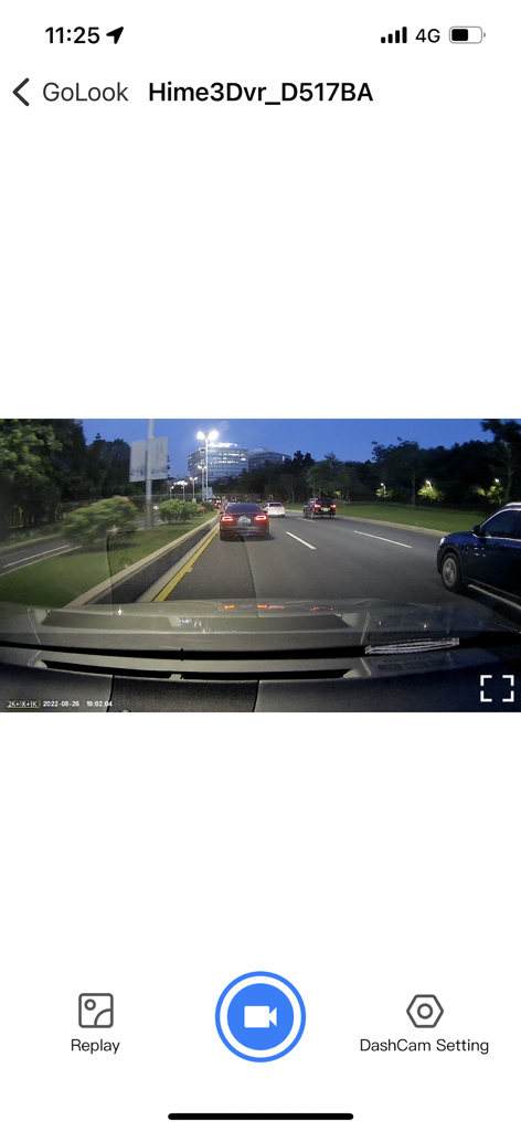 GoLook app interface displaying a real-time video feed from a dashcam on a city road at night