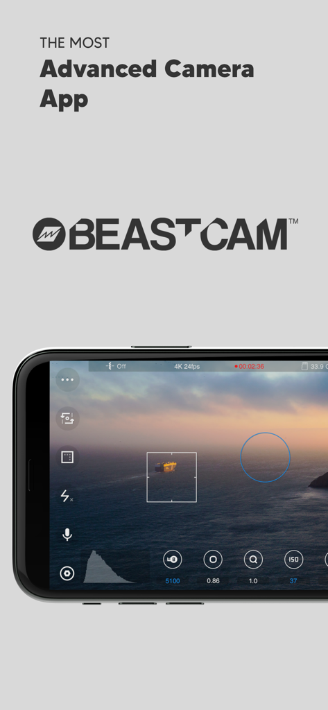 Beastcam Pro Camera app interface on an iPhone showing manual cinematography controls and cinematic sunset view