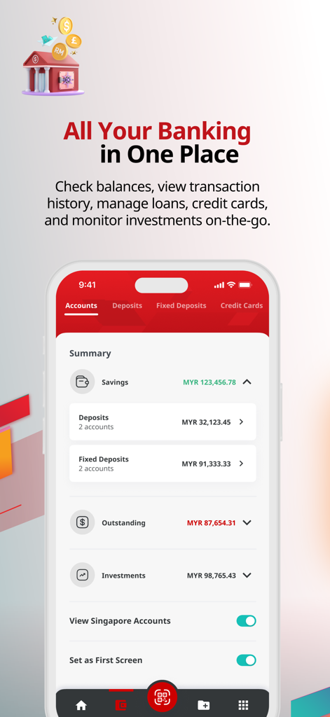 CIMB OCTO MY app interface showing an account summary with savings deposits and investments.