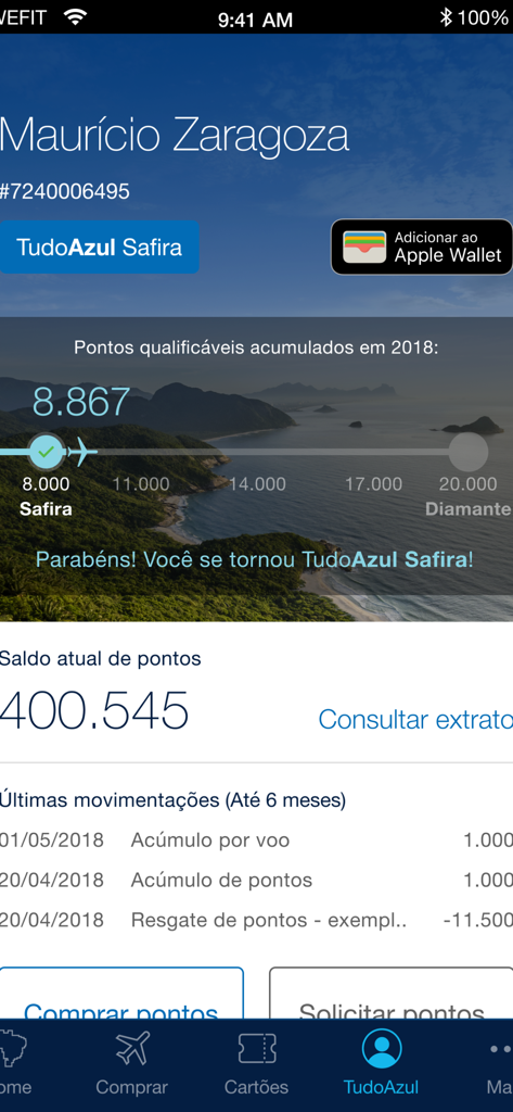 Minha Azul - Minha Azul app interface showing loyalty points and TudoAzul Safira membership status