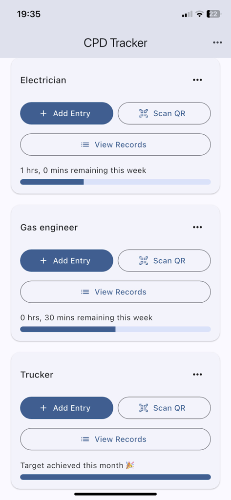 CPD Progress Tracker - CPD Progress Tracker app dashboard showing training logs and progress bars for multiple professions