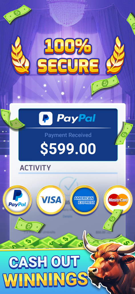 Real Slots: Win Real Money - Secure cash out screen showing a PayPal payment and various payment method logos like Visa and Mastercard