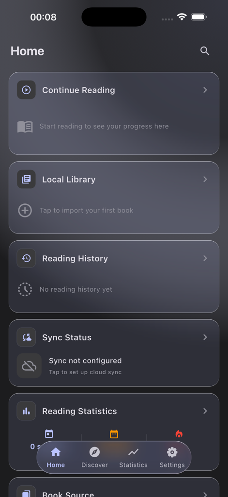 ShuRead - Nas Novel Reader - Interfaz del panel de ShuRead Nas Novel Reader mostrando el historial de lectura de la biblioteca y estadísticas en modo oscuro