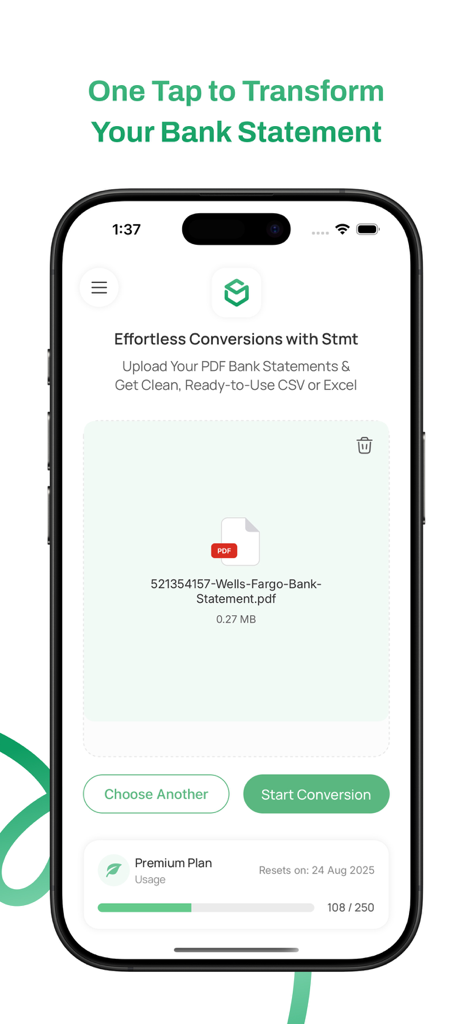 Stmtモバイルアプリのインターフェースに、CSVまたはExcelへの変換のためにアップロードされた銀行明細書のPDFが表示されています