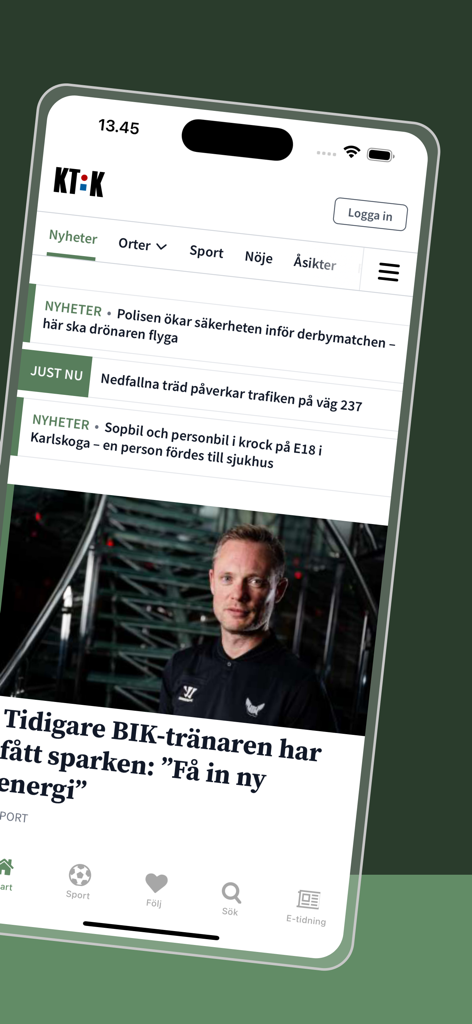 KT-Kuriren - Smartphone screen displaying the KT-Kuriren mobile app with local Swedish news and sports articles.