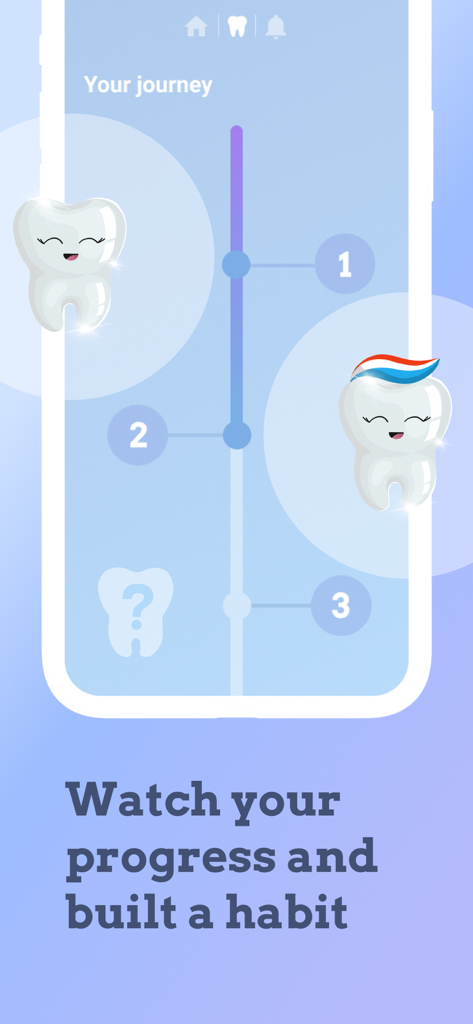 Toothie: Toothbrush Timer App - Screenshot of the Toothie app showing a gamified journey progress screen with cartoon teeth characters and levels.